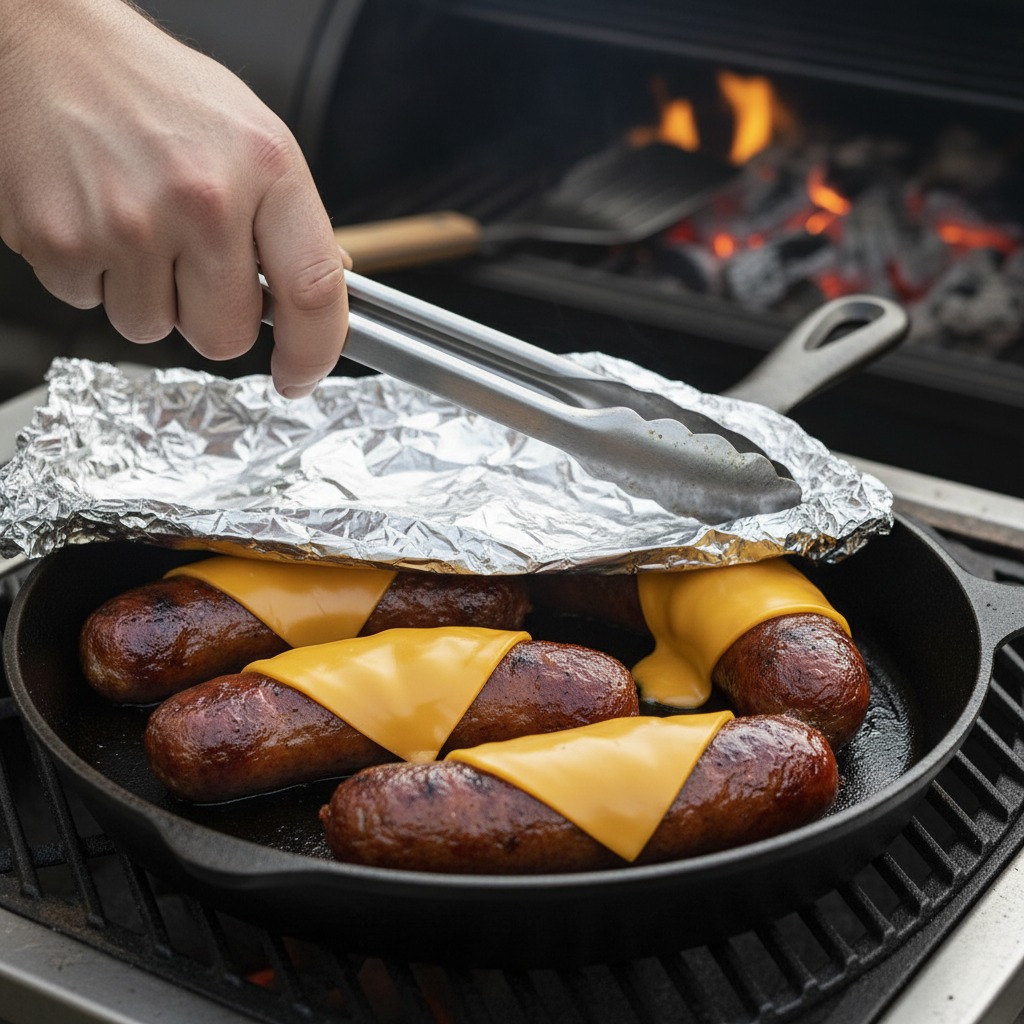 Melt the cheese on the sausage