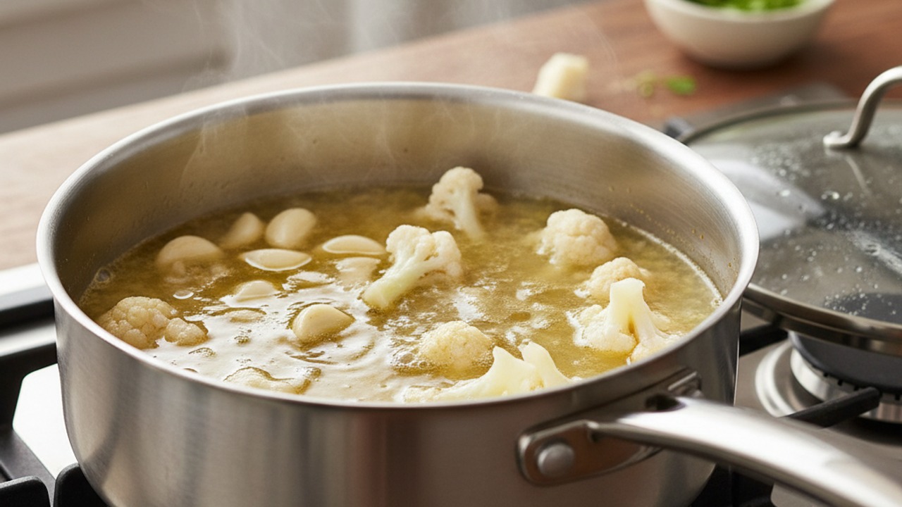 Sauté garlic and simmer cauliflower