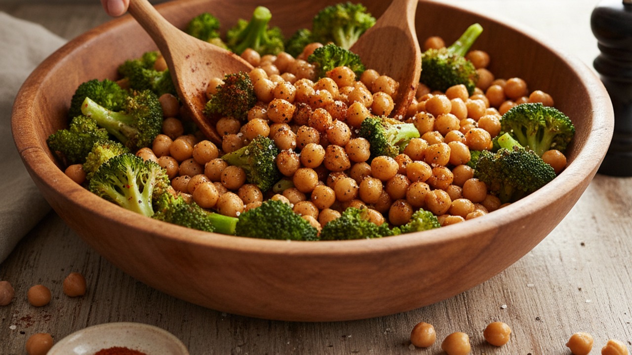 Prep and season chickpeas and broccoli