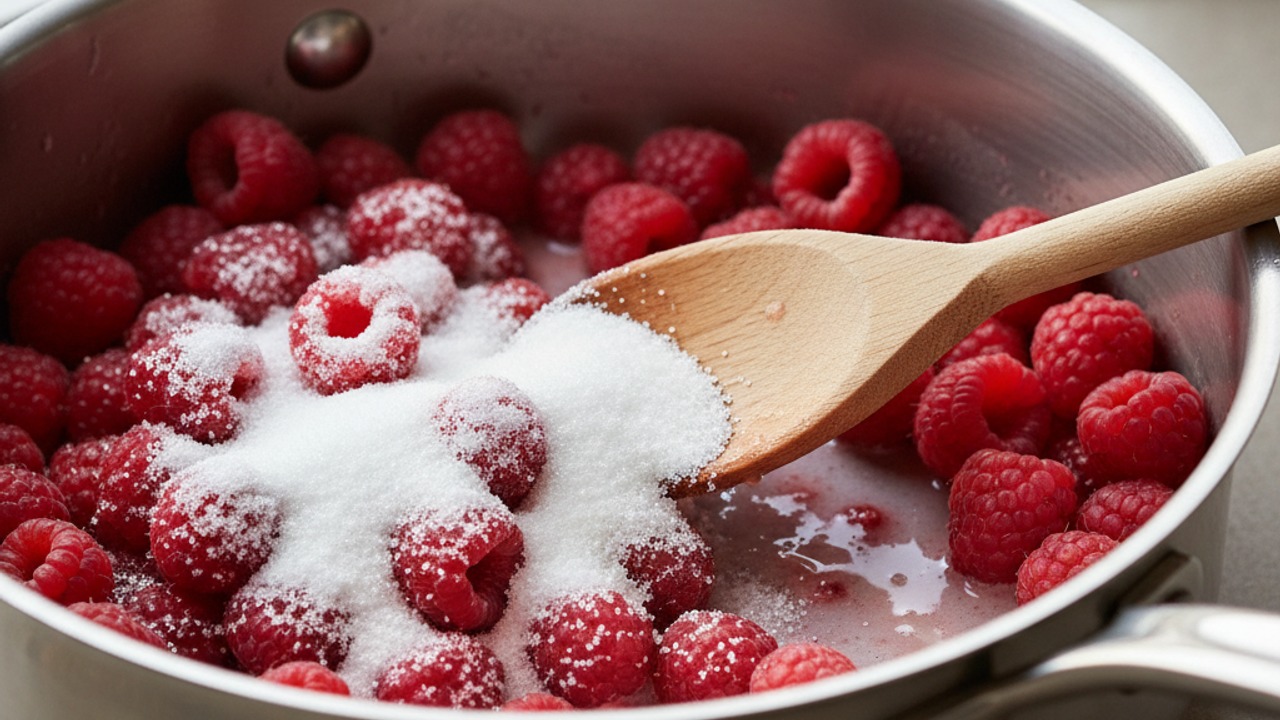 Combine raspberries, sugar, and water