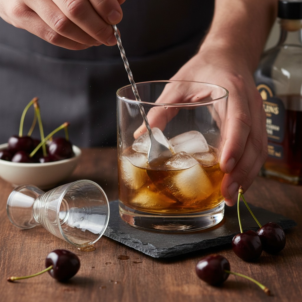 Add bourbon and ice, then stir