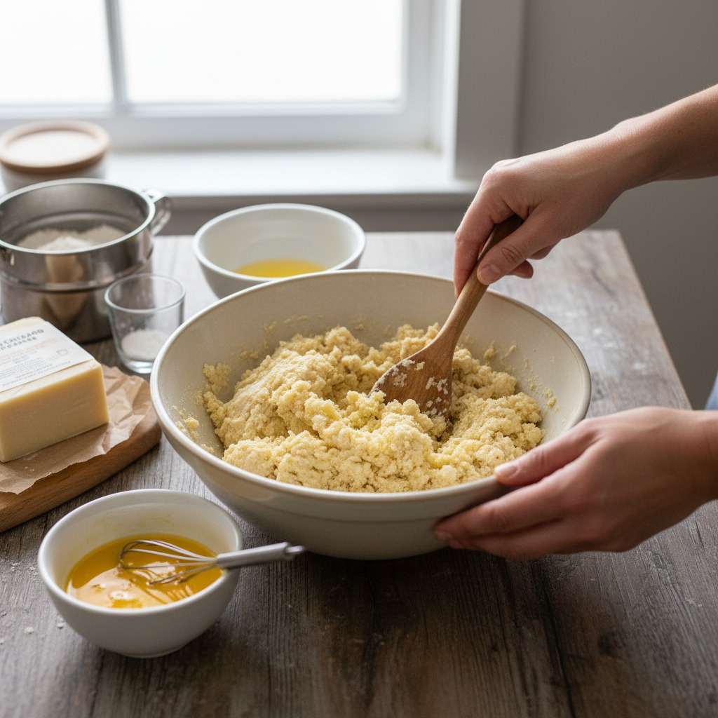 Combine yolks and liquids, form a shaggy dough