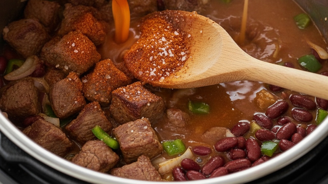 Add spices, tomatoes, beans and broth