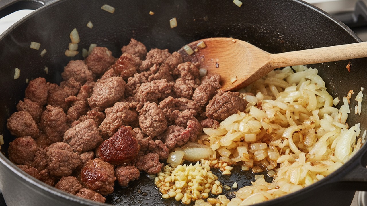 Brown the beef and soften aromatics