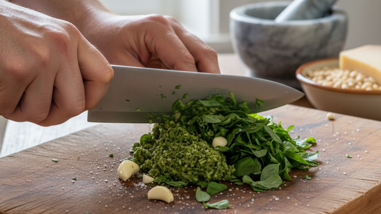 Prepare basil and garlic by hand