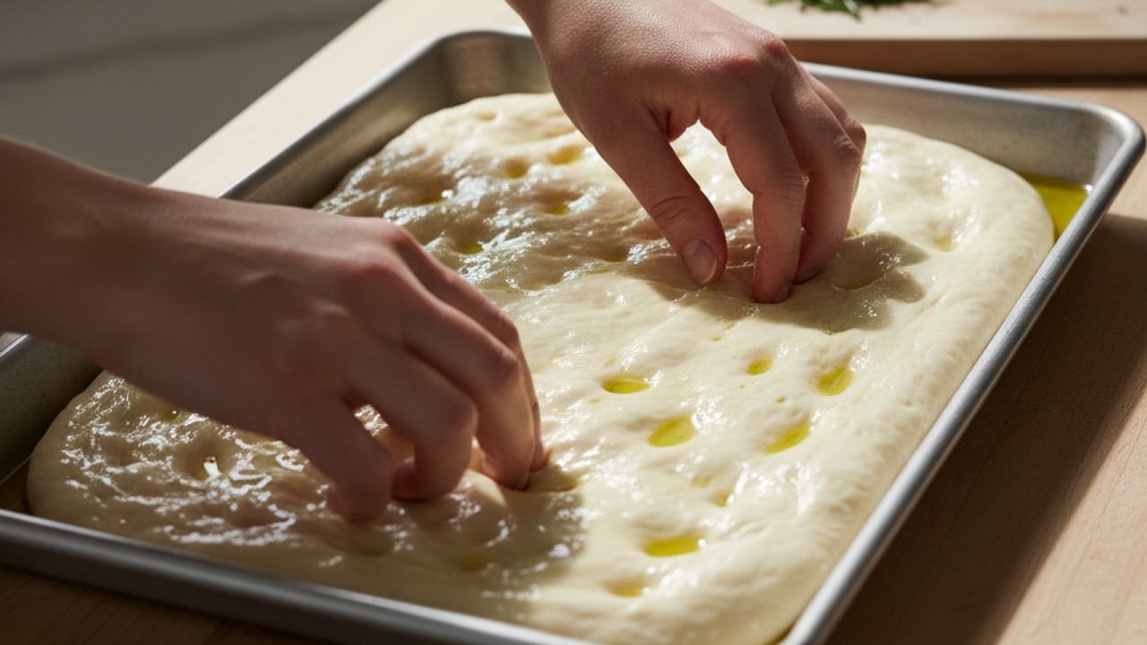 Shape the focaccia and add peaches