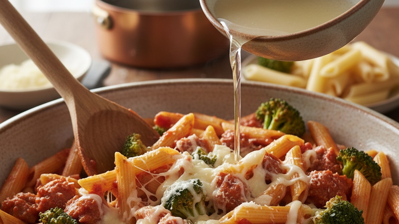 Combine pasta, broccoli and cheeses