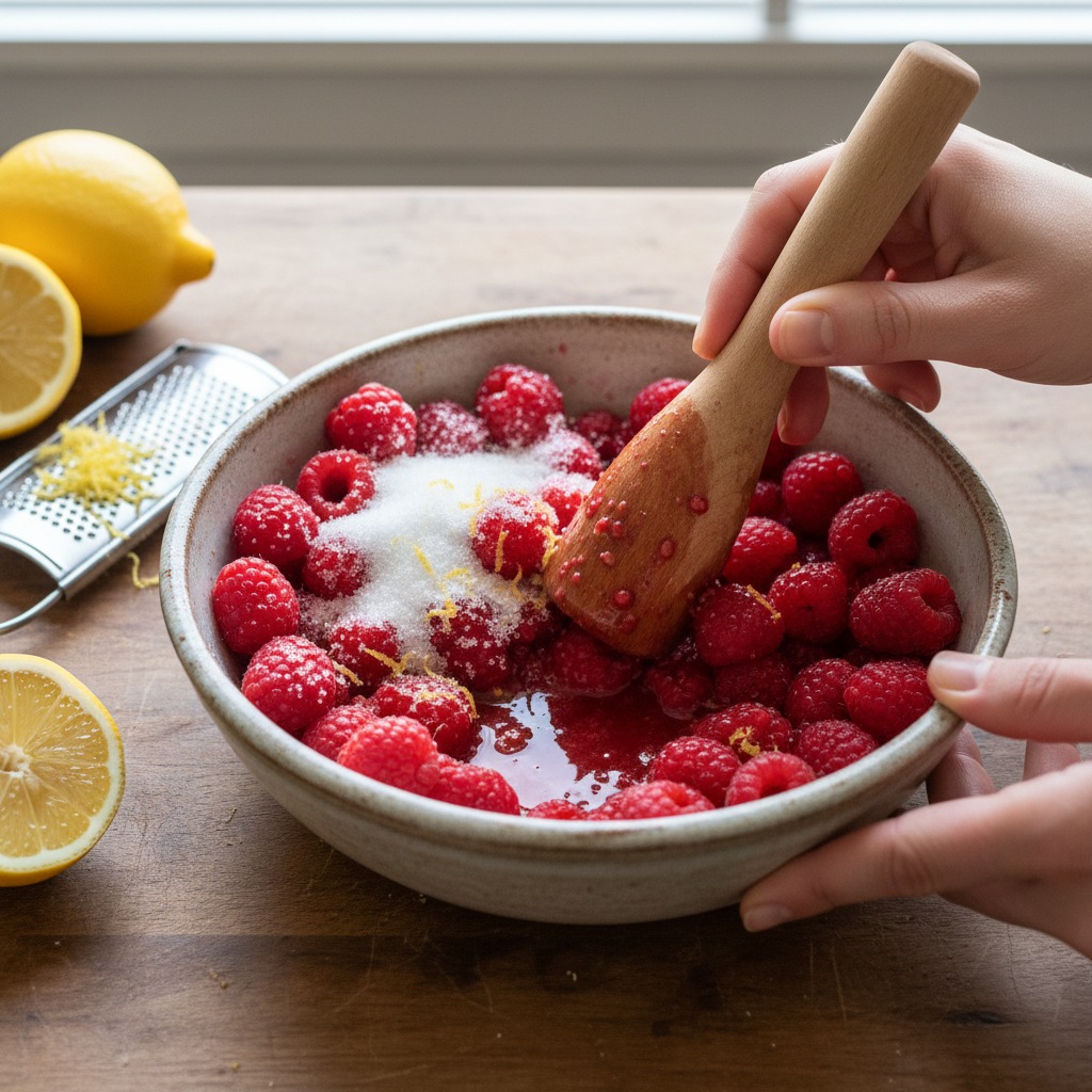 Macerate raspberries with sugar and zest