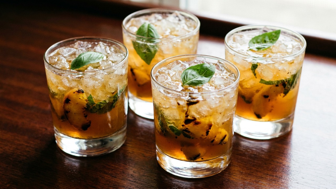 Grilled Peach Bourbon Smash with Charred-Basil Syrup