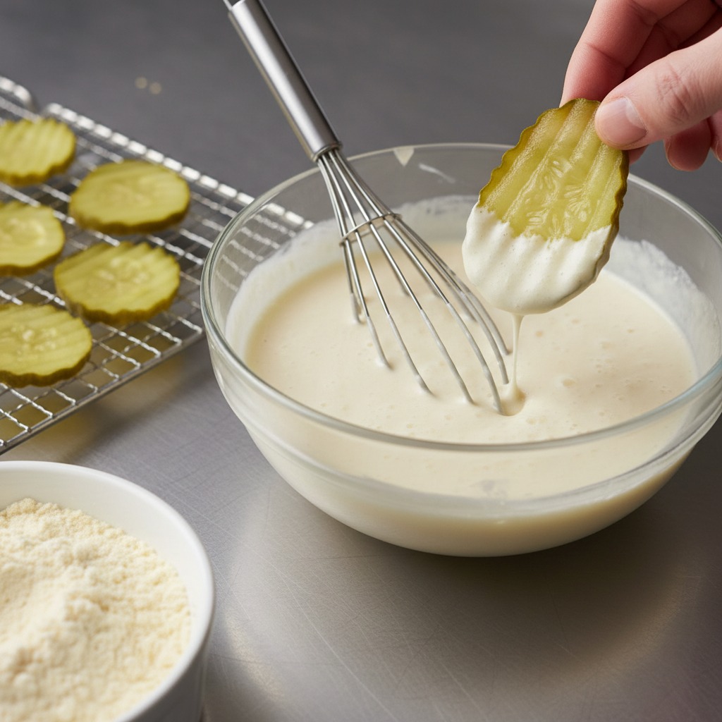Make the wet batter and coat pickles