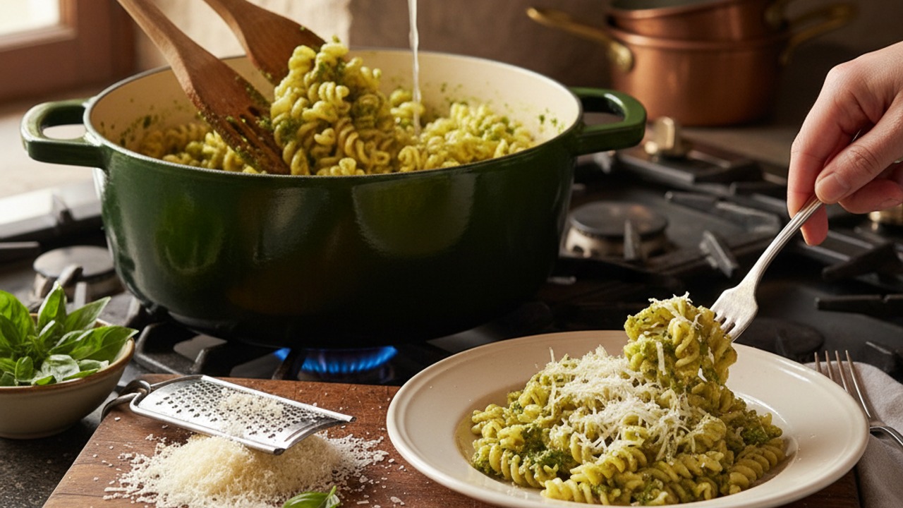 Toss pasta with pesto and serve