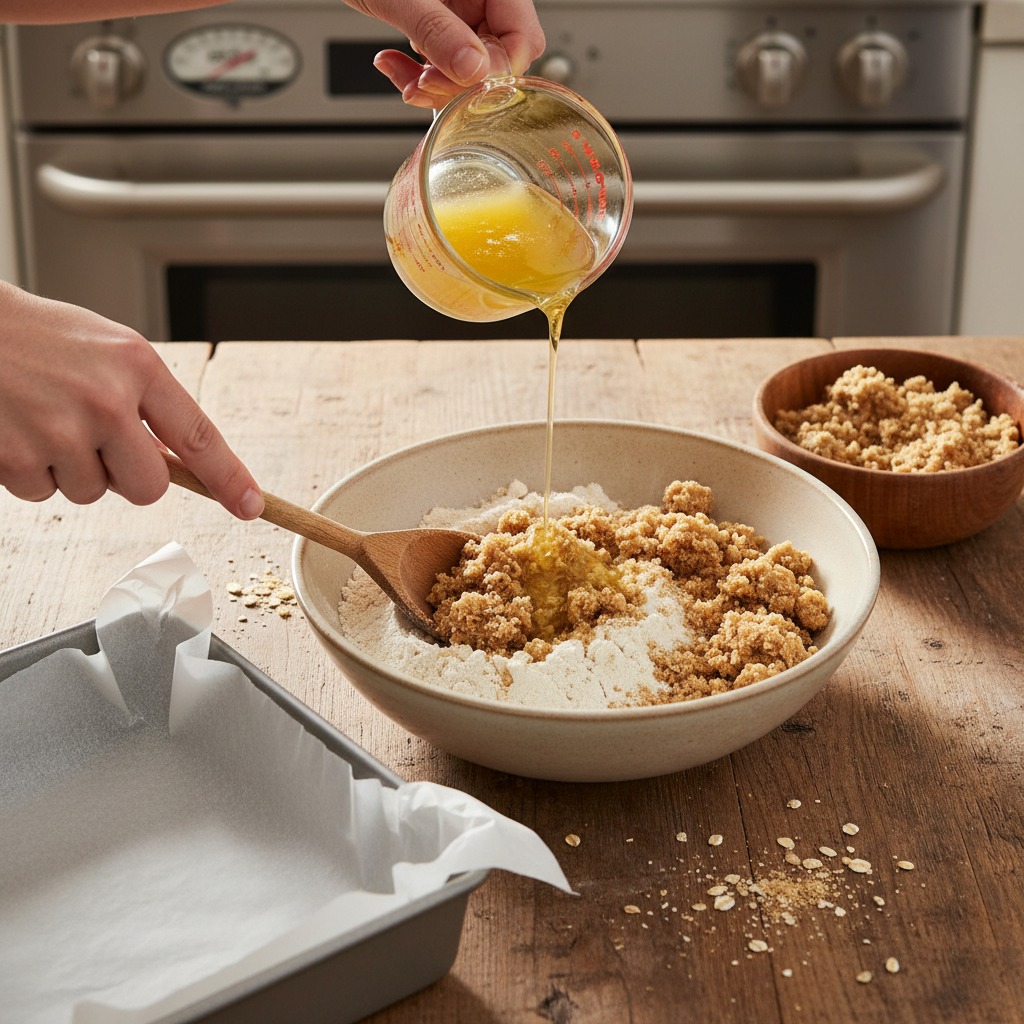 Make the oat-crumble base and reserve topping