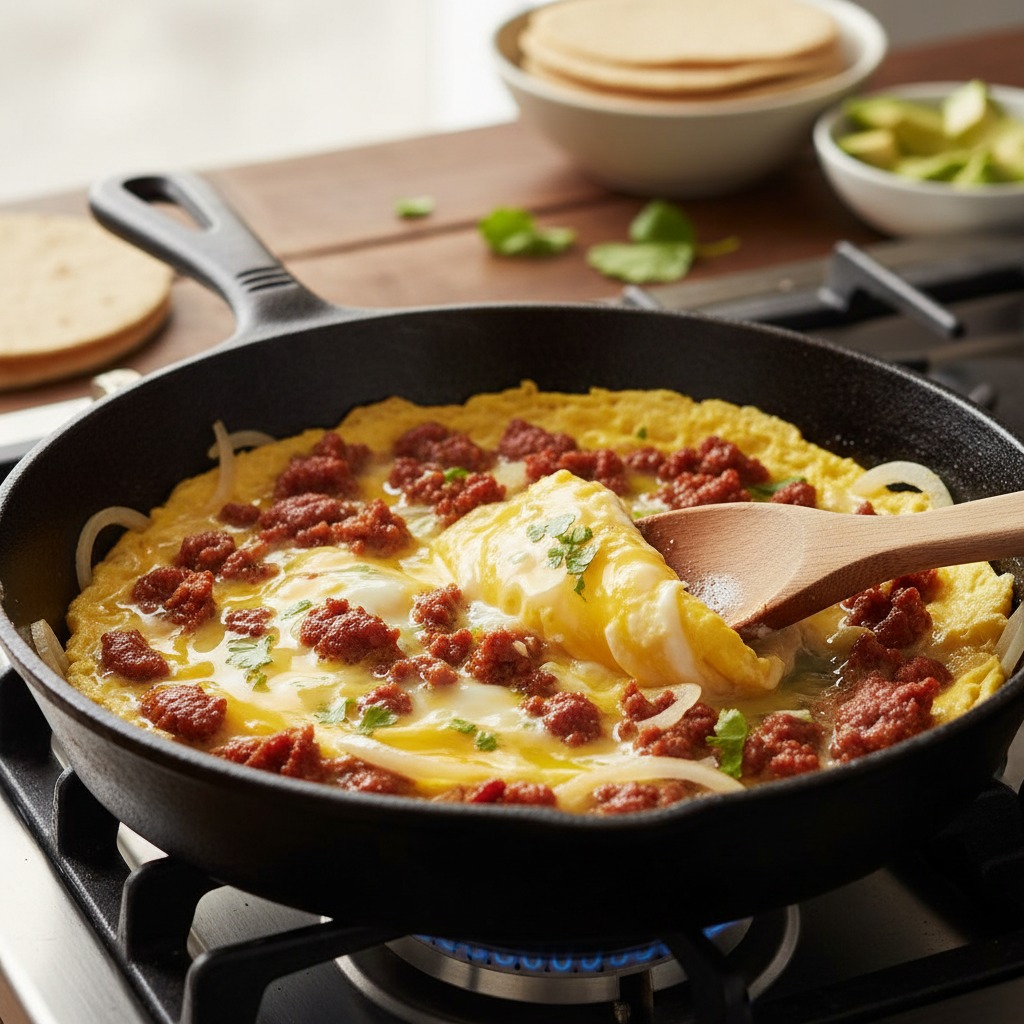 Scramble eggs with chorizo