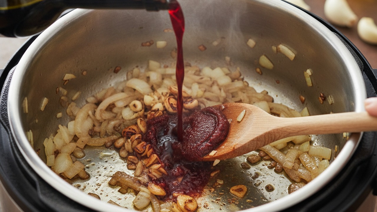 Sauté aromatics and deglaze