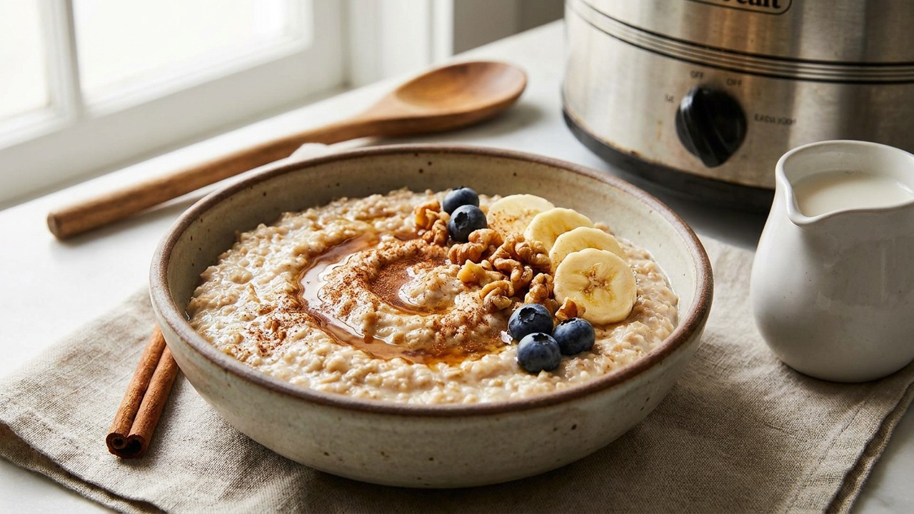 Overnight Slow Cooker Steel Cut Oats with Maple and Cinnamon