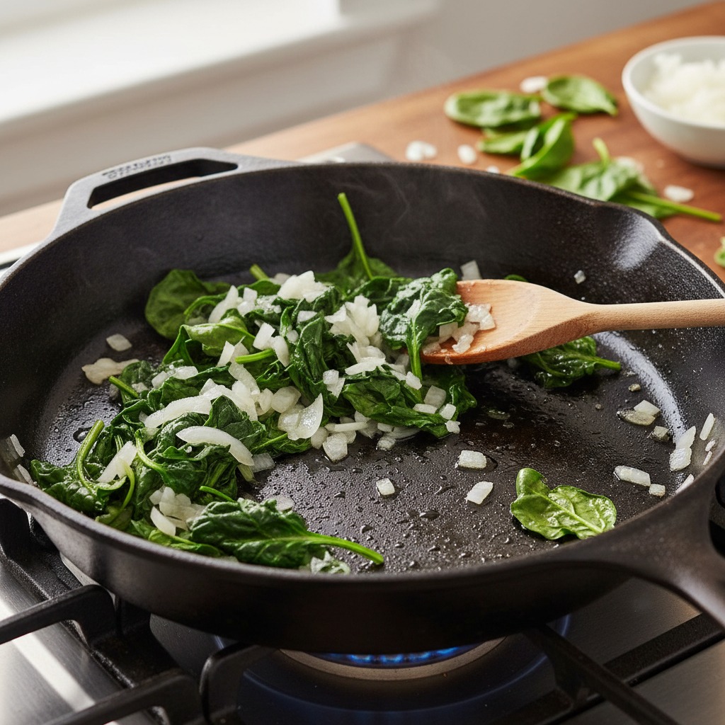 Sauté onion and wilt spinach