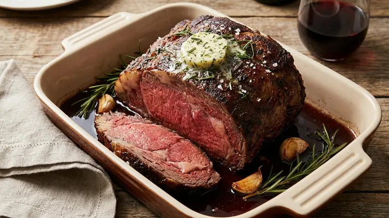 Reverse-Sear Prime Rib Roast with Garlic-Herb Butter and Pan Jus