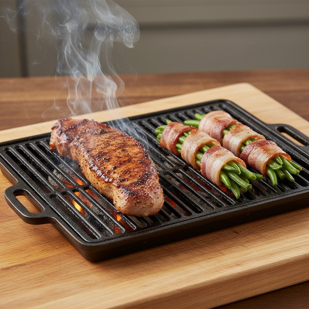 Sear pork and crisp bacon bundles over direct heat