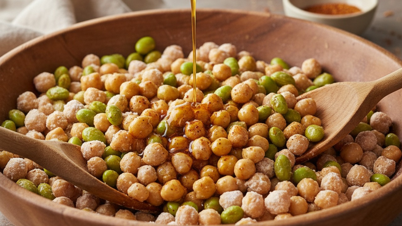 Coat chickpeas and edamame