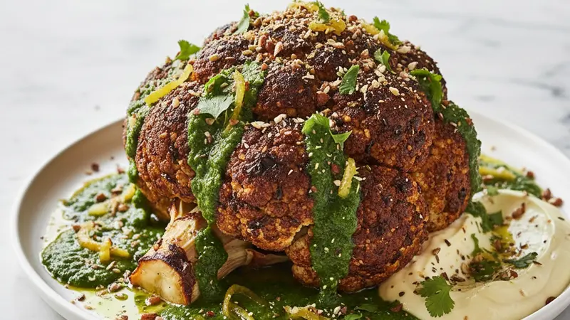 Moroccan-Spiced Whole Grilled Cauliflower with Chermoula, Preserved Lemon Yogurt & Almond Dukkah