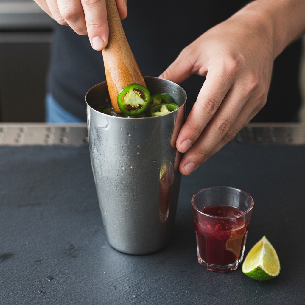 Muddle jalapeño with agave and mix juices