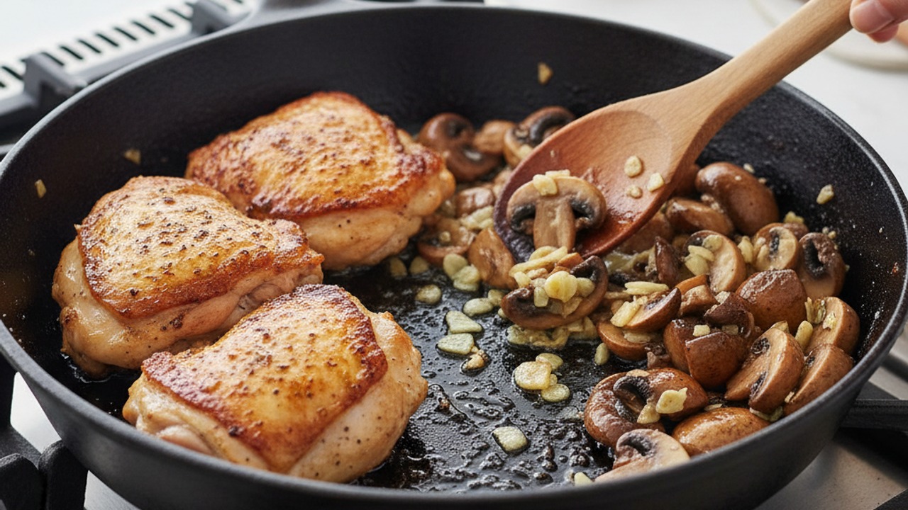 Sauté mushrooms and garlic