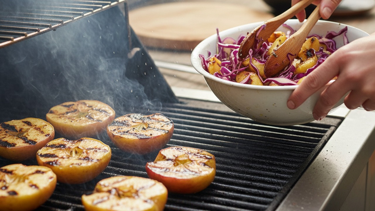 Char apples and toss the slaw