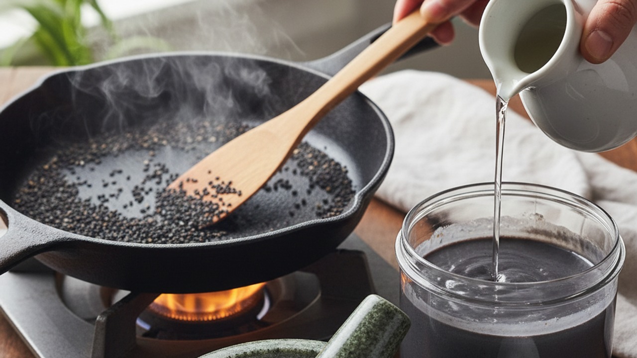 Toast and make black sesame paste