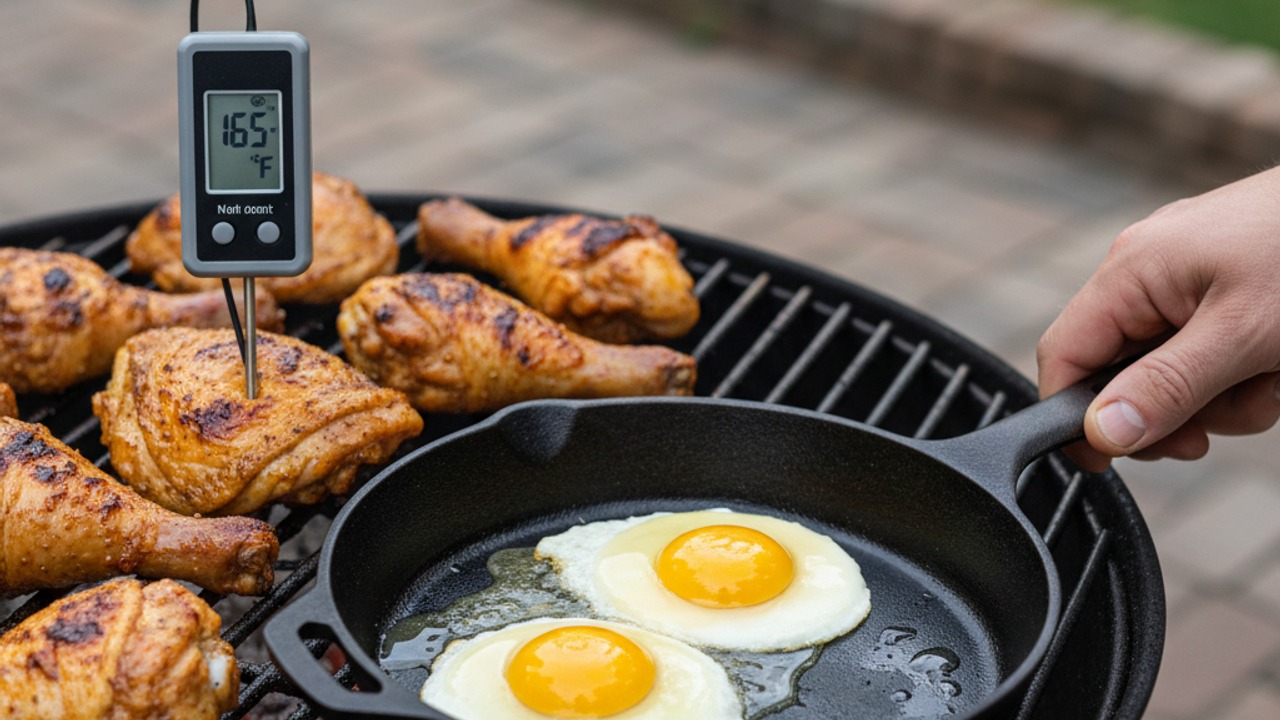 Grill the chicken and cook runny fried eggs