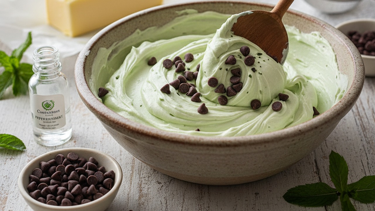 Make mint buttercream with chocolate chips