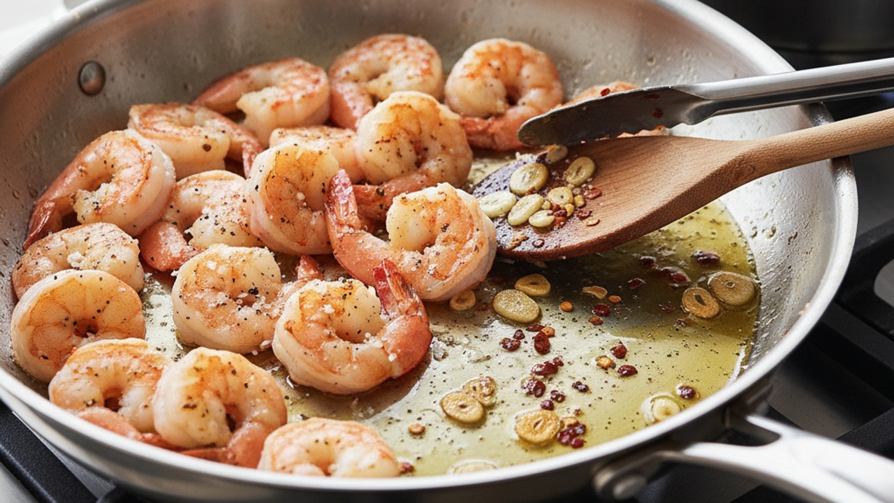 Sear the shrimp and build aromatics
