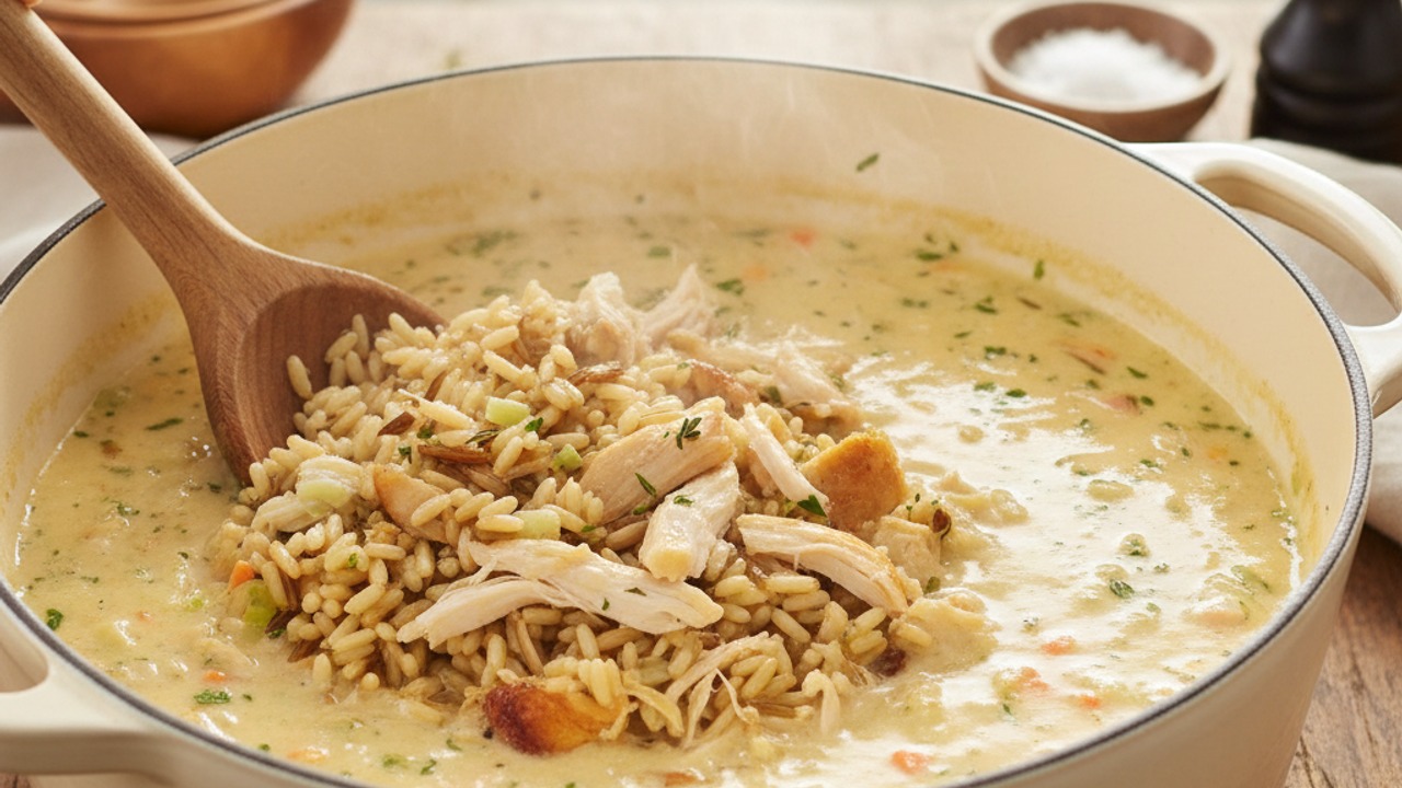 Combine rice, chicken and finish the soup