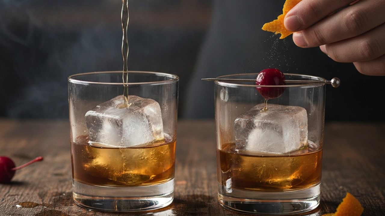 Assemble over smoked ice and garnish