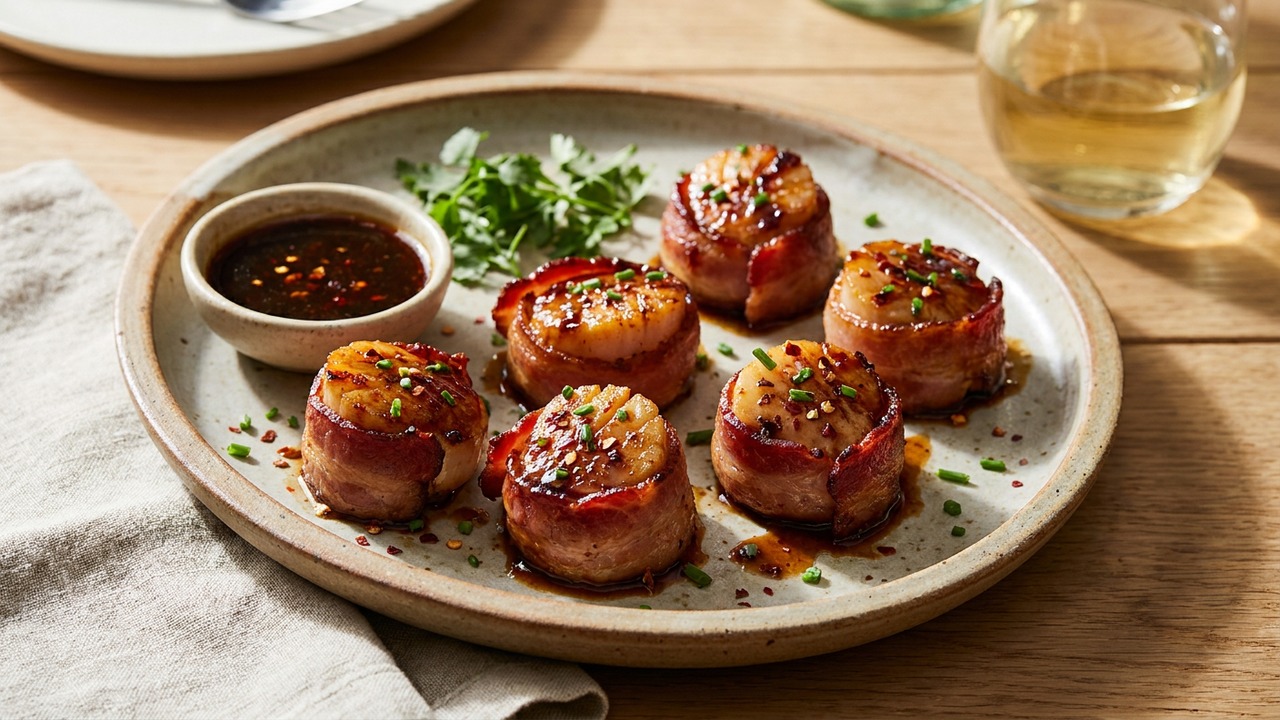Bacon-Wrapped Scallops with Maple-Chile Glaze