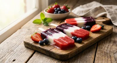 Red White and Blue Popsicles with Yogurt and Berries