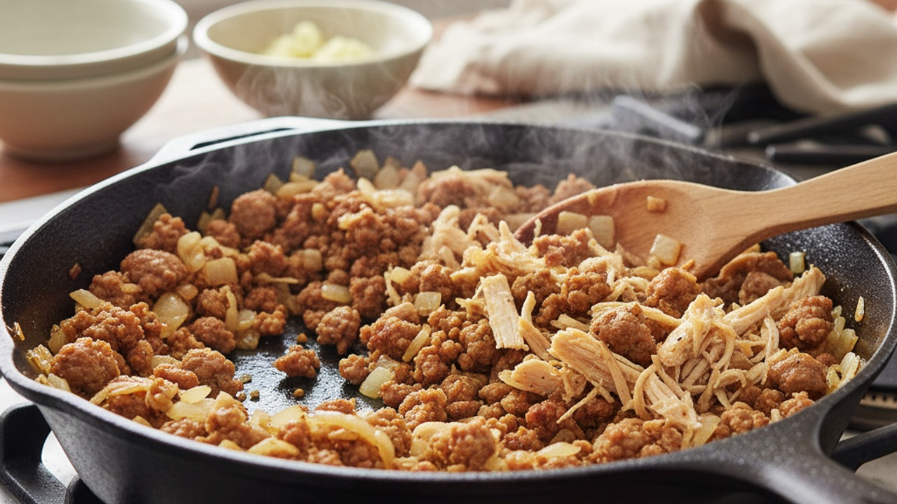 Cook sausage, onion and combine with chicken