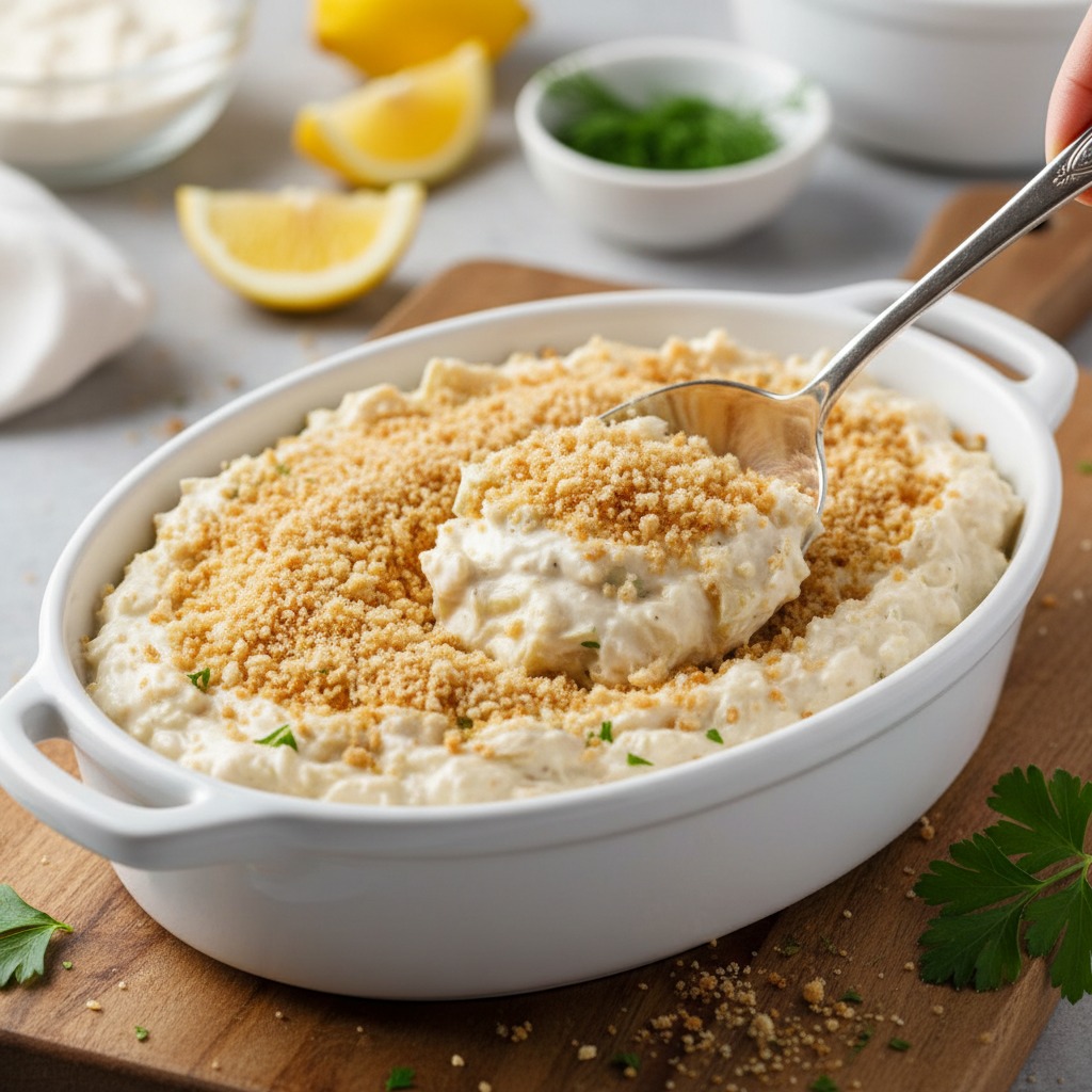 Transfer to baking dish and top