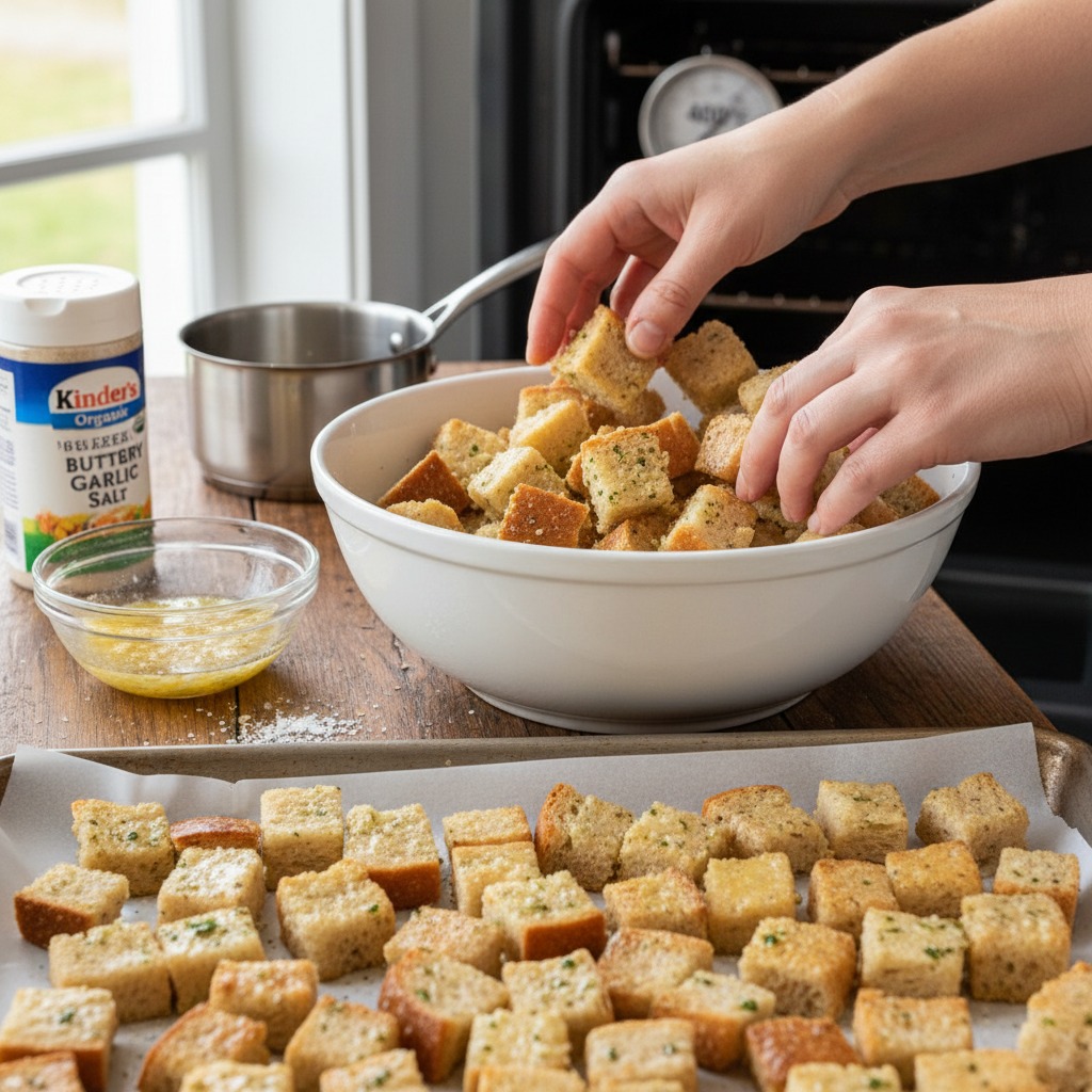 Make the buttery garlic croutons