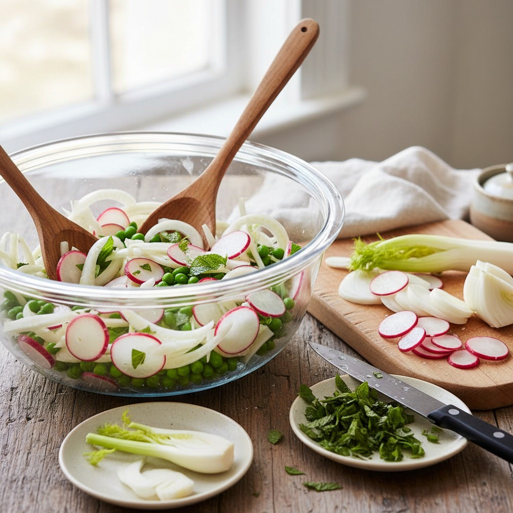 Slice the fennel and radishes, chop herbs