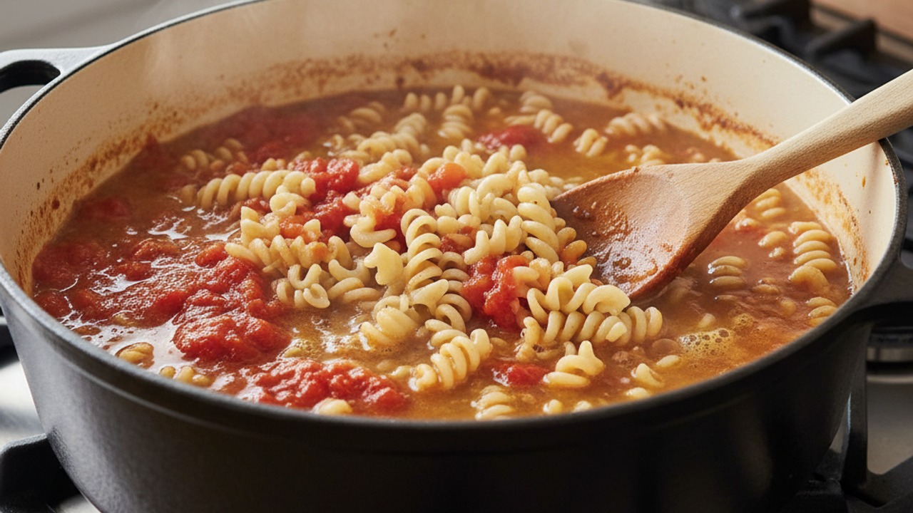 Add pasta, tomatoes and broth