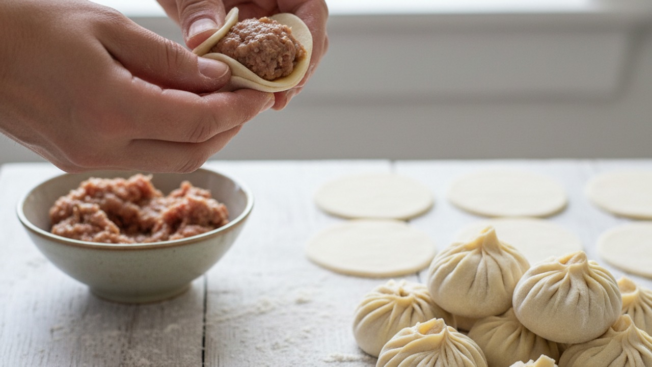 Divide dough, roll wrappers, and assemble dumplings