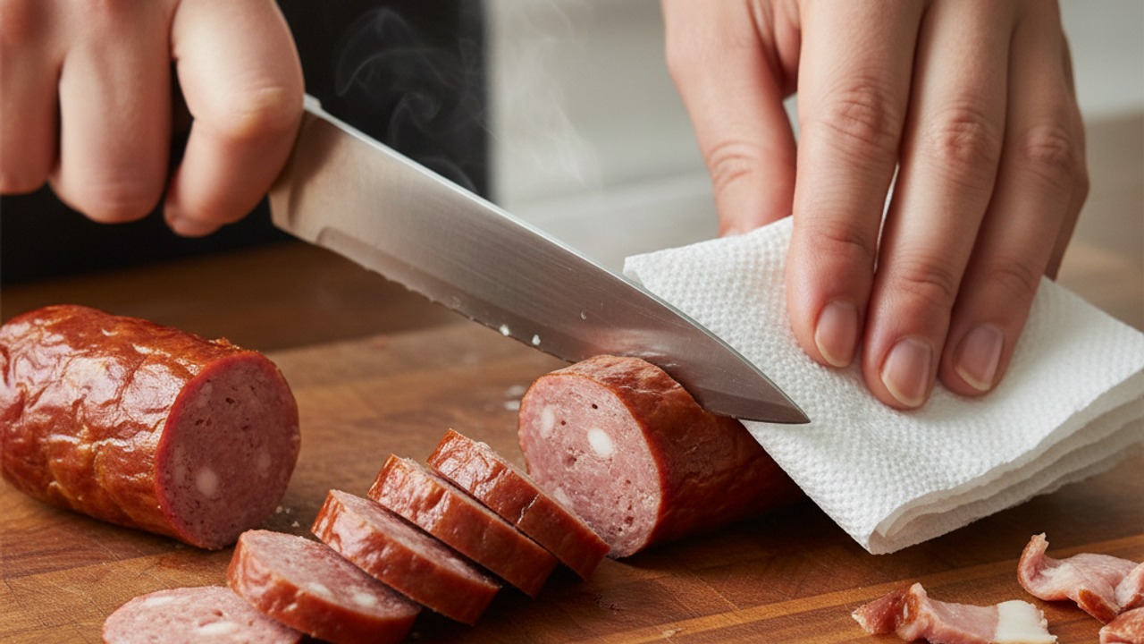 Trim and slice the sausage