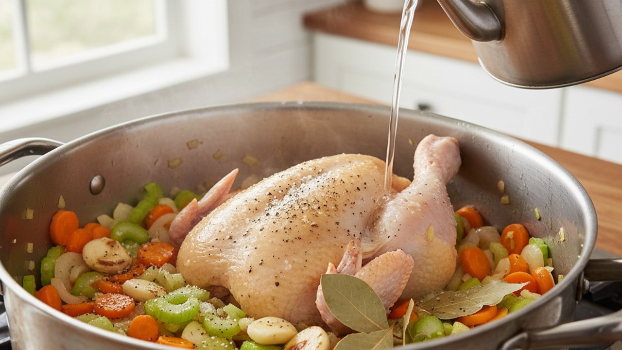 Brown aromatics and add chicken to build the broth