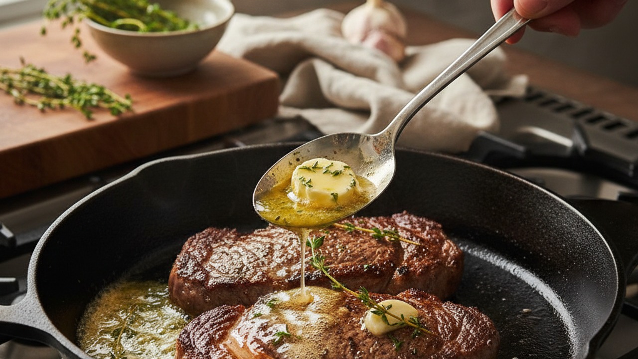 Flip, add aromatics and baste