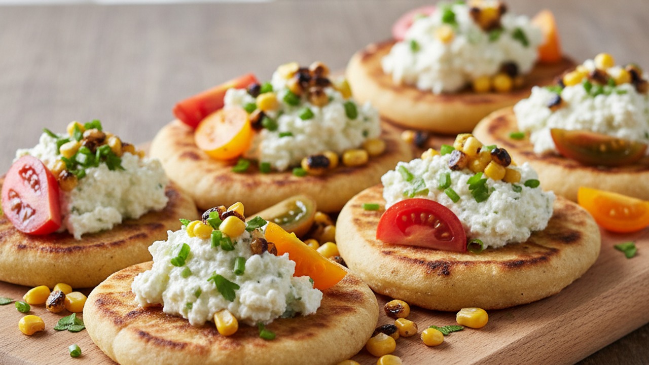 Labor Day Grilled Mini Flatbreads with Charred Corn, Heirloom Tomato & Herbed Ricotta