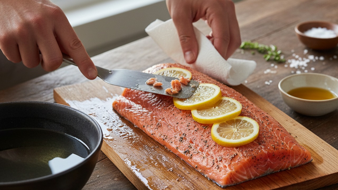 Prepare the cedar plank and position the fish
