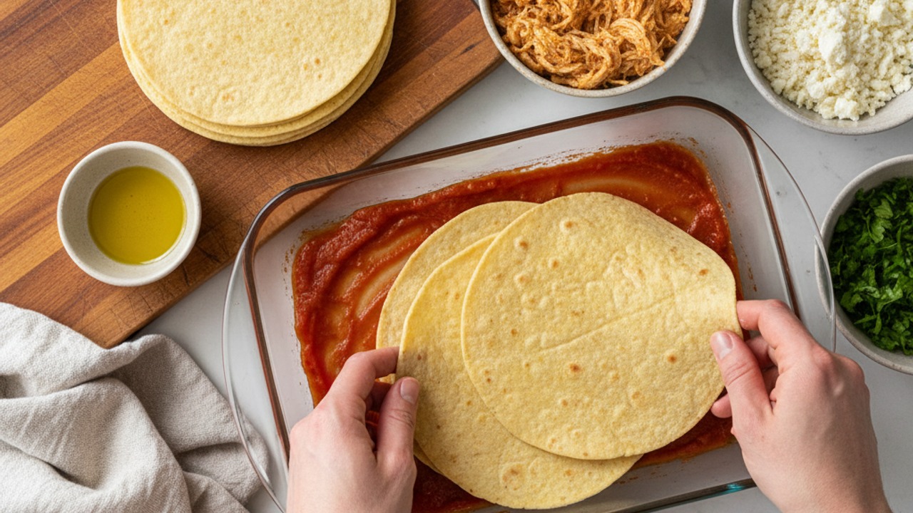 Soften tortillas and assemble the casserole