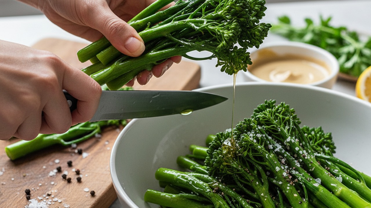 Trim and season broccolini