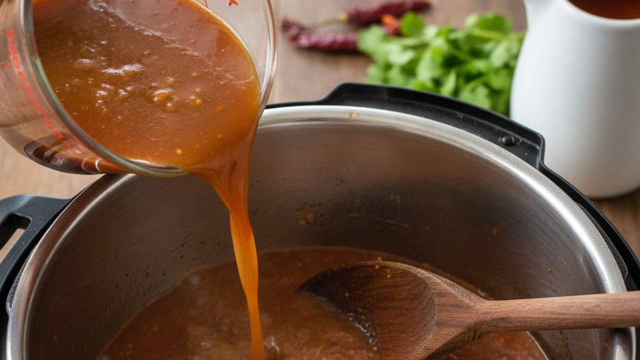 Deglaze, add sauce and broth
