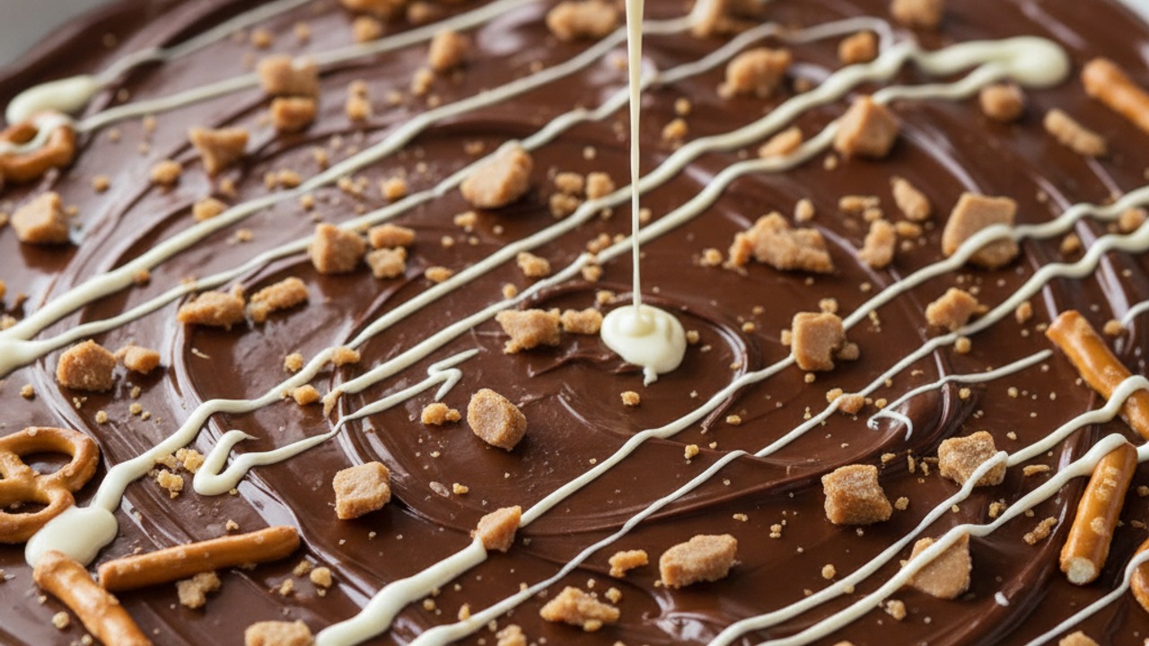 Add toffee and drizzle with white chocolate